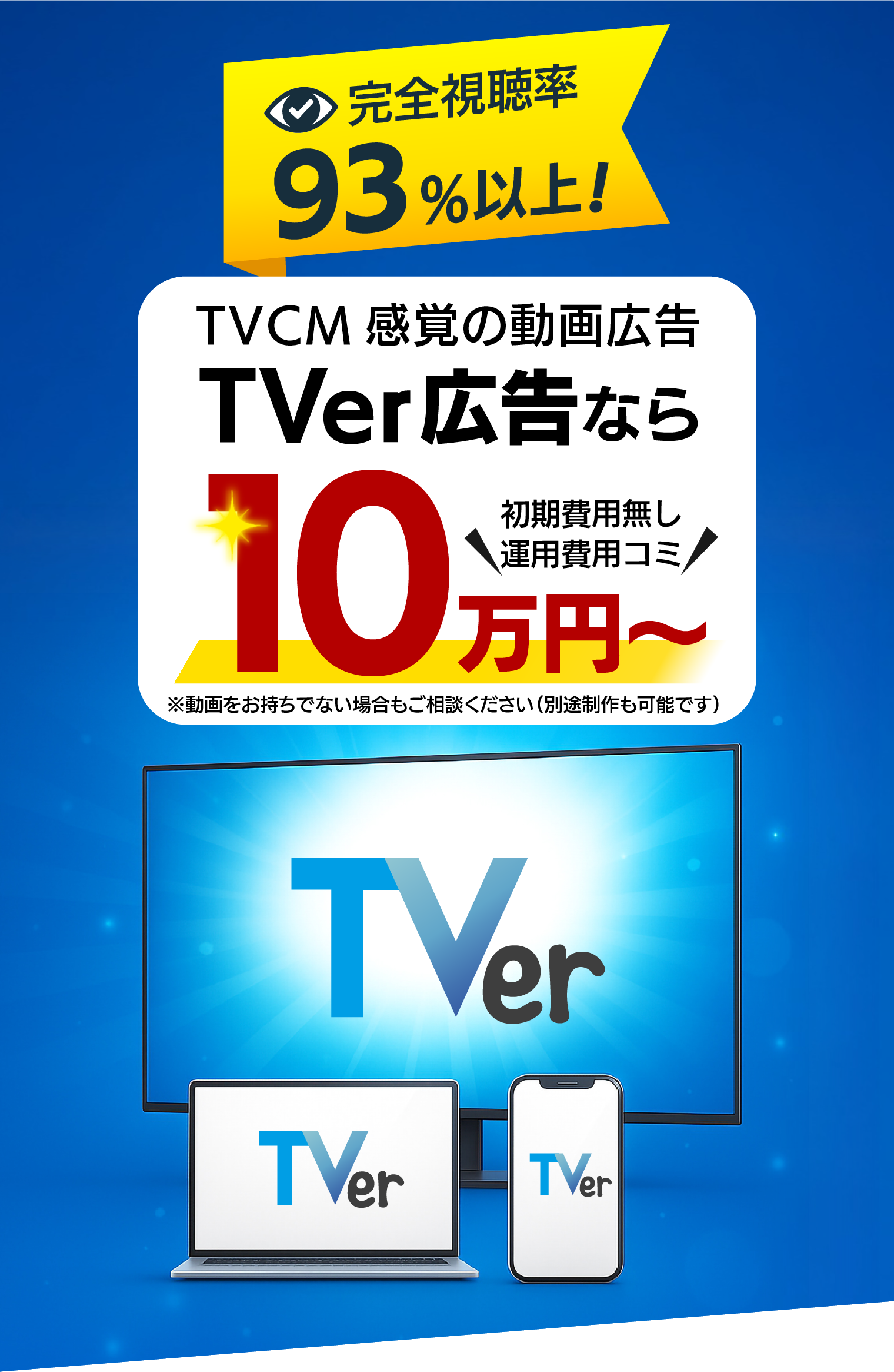 完全視聴率93%以上を強調したTVer広告のPR画像。初期費用なし、運用費込みで10万円から開始可能な動画広告プランを案内。テレビ・PC・スマホのTVerロゴ付き端末のビジュアル付き。」